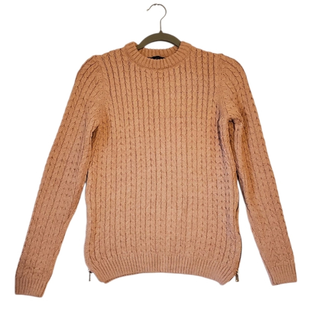 Zara Mauve Cable Knit Cardigan Sweater Women Size Small Sides Zipper‎ Details